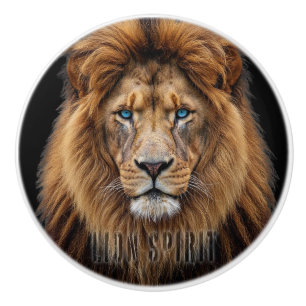 Bouton De Porte En Céramique Visage de lion majestueux aux yeux bleus   Faune A
