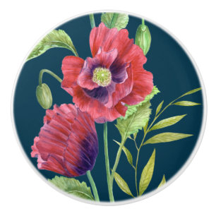 Bouton De Porte En Céramique Vivid Red Poppies Floral Aquarelle Turquoise foncé