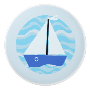 Bouton De Porte En Céramique Voilier bleu sur les vagues de l'océan