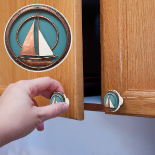 Bouton De Porte En Céramique Voilier cuivre et turquoise