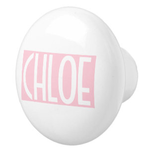 Bouton De Porte En Céramique Votre nom Texte blanc gras sur rose clair