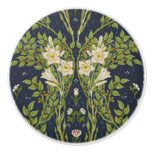 Bouton De Porte En Céramique Walter Crane Vintage Marine Blanc Motif Lys