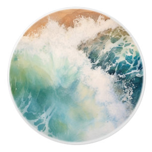 Bouton De Porte En Céramique Watercolor Ocean Waves Beach