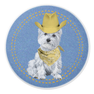 Bouton De Porte En Céramique Westie Cowboy
