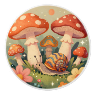 Bouton De Porte En Céramique Whimsical Cottage Core Mushrooms and Snail