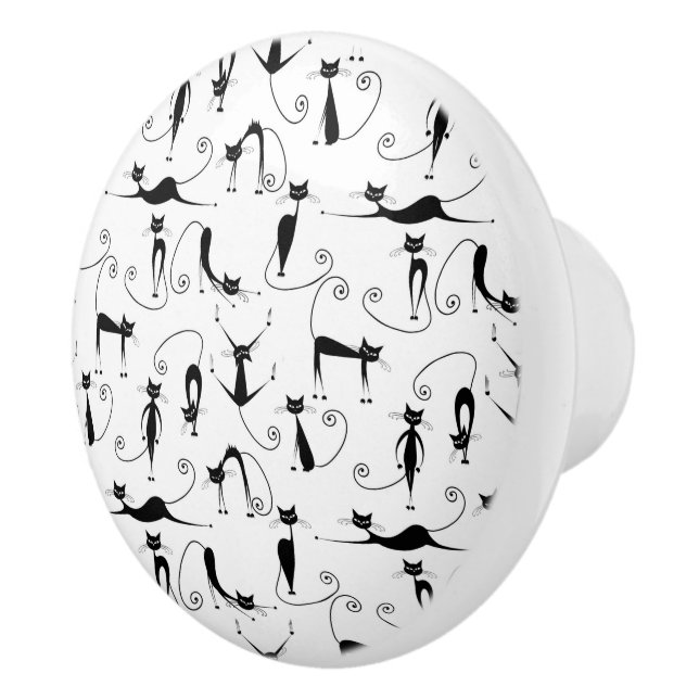 Bouton De Porte En Céramique Whimsical Skinny Motif de chat noir (Droite)