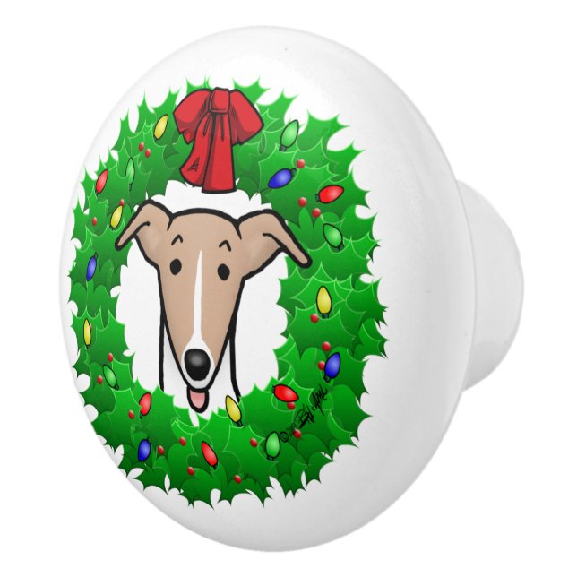 Bouton De Porte En Céramique Whippet Wreath & Lights de Noël - Faune et blanc (Droite)
