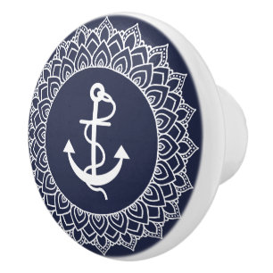 Bouton De Porte En Céramique White Circle Mandala & Boat Ancre
