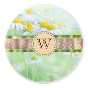 Bouton De Porte En Céramique White Daisy's in Green Meadow Monogramme