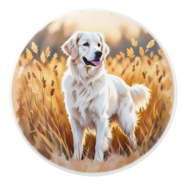 Bouton De Porte En Céramique White Golden Retriever Dog (Devant)