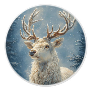 Bouton De Porte En Céramique White Stag Portrait Mysar Winter Art