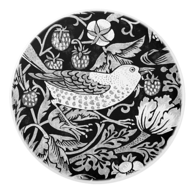 Bouton De Porte En Céramique William Morris Bird & Flower noir et blanc (Devant)