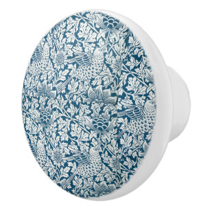 Bouton De Porte En Céramique William Morris Fleurs Vintages Oiseaux Bleu Blanc