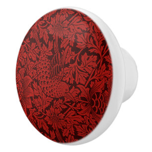 Bouton De Porte En Céramique William Morris Fleurs Vintages Oiseaux Rouge