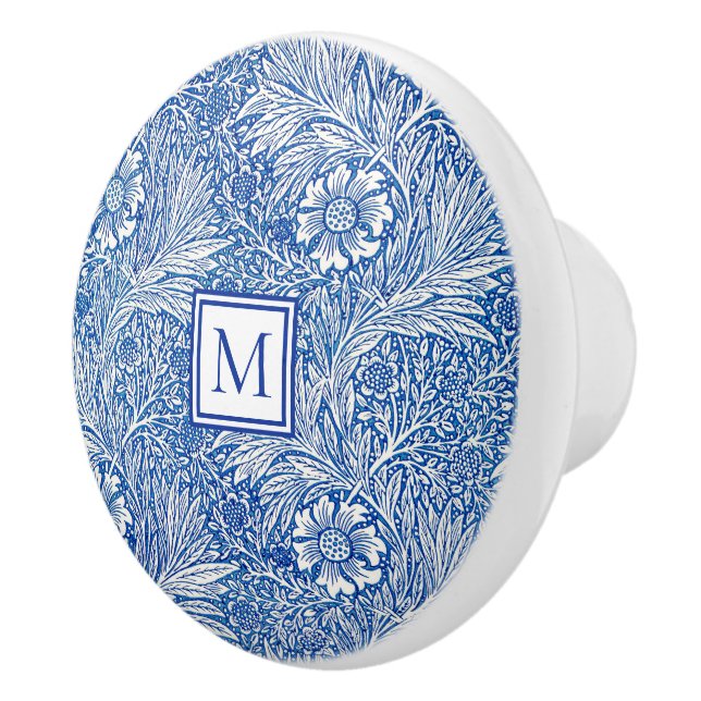 Bouton De Porte En Céramique William Morris Marigold Monogramme bleu (Droite)