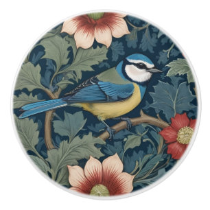 Bouton De Porte En Céramique William Morris style Face droite Bird Blue Tit