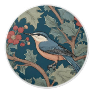 Bouton De Porte En Céramique William Morris style gauche face à Nuthatch Bird