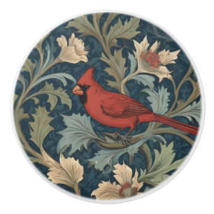 Bouton De Porte En Céramique William Morris style Red Cardinal Bird gauche face