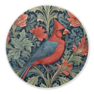 Bouton De Porte En Céramique William Morris style Red Cardinal Bird R floral