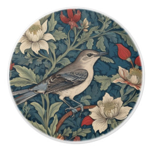 Bouton De Porte En Céramique William Morris style Right Mockingbird Oiseau flor