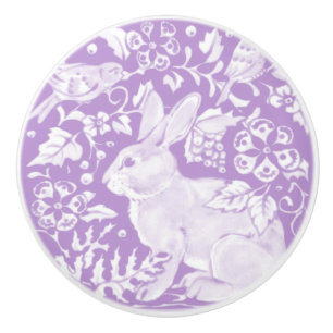 Bouton De Porte En Céramique Wisteria Lapin Violet Lapin Oiseau Bois Animaux