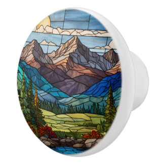 Bouton De Porte En Céramique Woodland mountain scene vintage stain glass