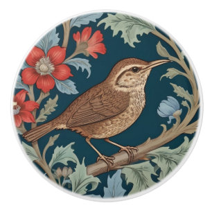 Bouton De Porte En Céramique Wren William Morris style Face droite à l'oiseau