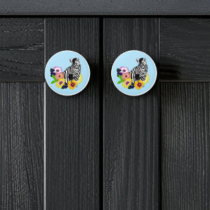 Bouton De Porte En Céramique Zèbre Bleu Coloré Daisy Floral Faune