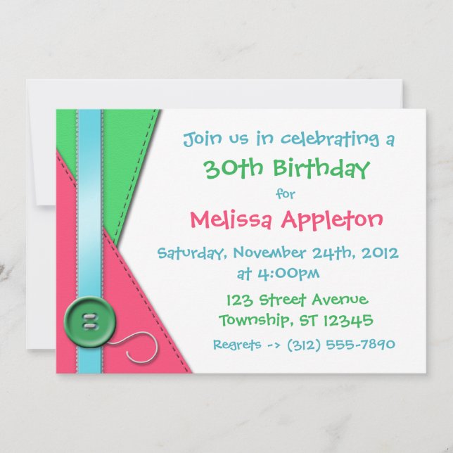 Bouton ~ Rose, Vert et Bleu Invitations d'annivers (Devant)