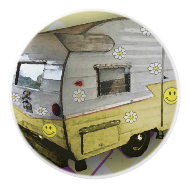 Bouton vintage jaune de remorque de campeur (Devant)