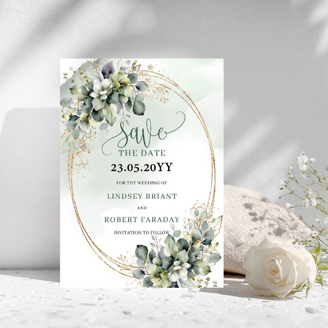 Boutonnière Vert Blanc Or Save The Date (Botanical Green White Gold Save The Date)