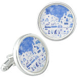Boutons De Manchette Aquarelle de Santorin Grèce<br><div class="desc">Un aquarelle bleu et blanc peint en ville sur la belle île grecque de Santorin. Art original de Nic Squirrell.</div>
