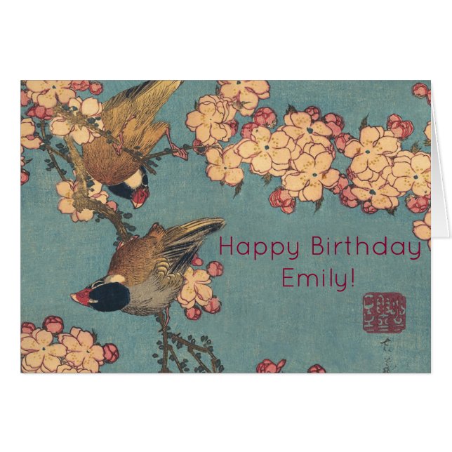 Bouvreuil d'Hokusai et fleur de cerisier Estampe d (Devant horizontal)