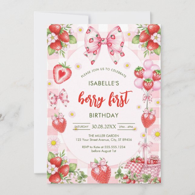 Bow Berry First Birthday 1st Birthday Invitation (Devant)