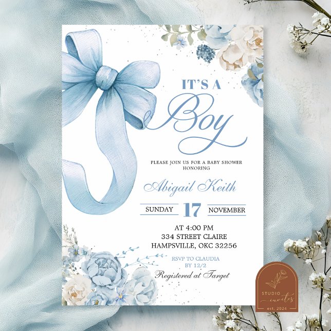 Bow Blue Coquette Boy Baby shower Invitation (Créateur téléchargé)