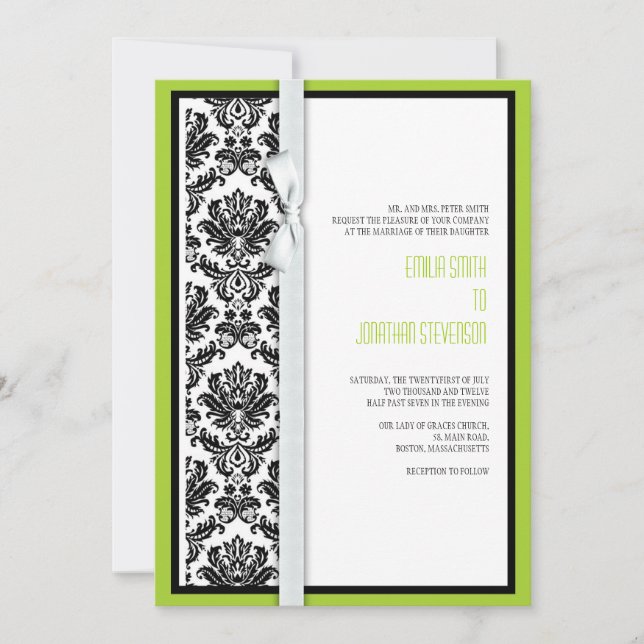 Bow Damask avec Faire-part de mariage vert (Devant)