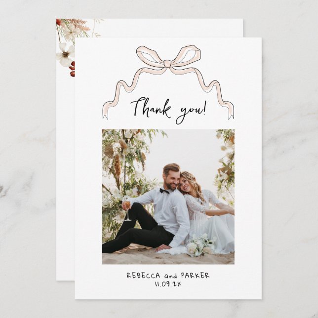 Bow et fleurs Mariage photo Merci Qr scan (Devant / Derrière)