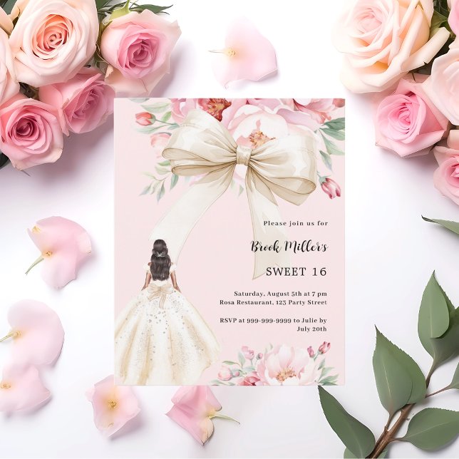 Bow fleurs roses robe crème Sweet 16 invitation (Créateur téléchargé)