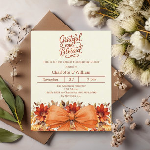 Bow floral orange Thanksgiving dîner invitation