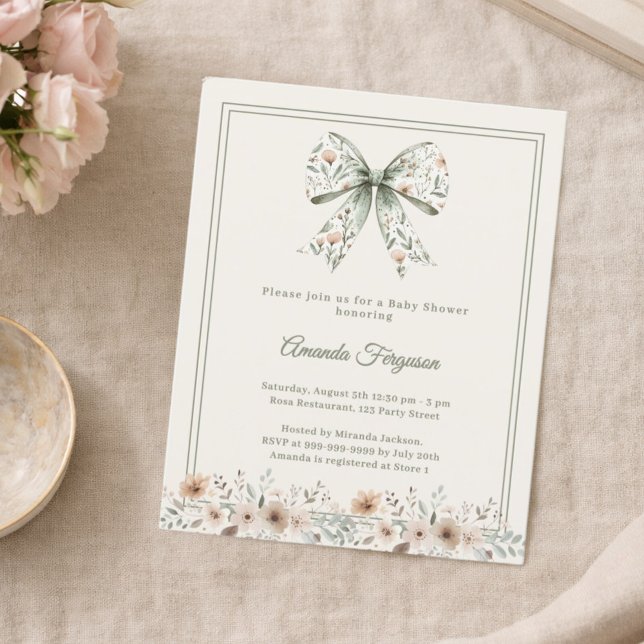 Bow florals green ivory Baby Shower invitation (Créateur téléchargé)
