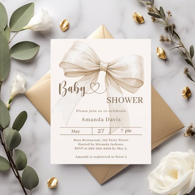 Bow gender neutral beige Baby Shower invitation (Créateur téléchargé)