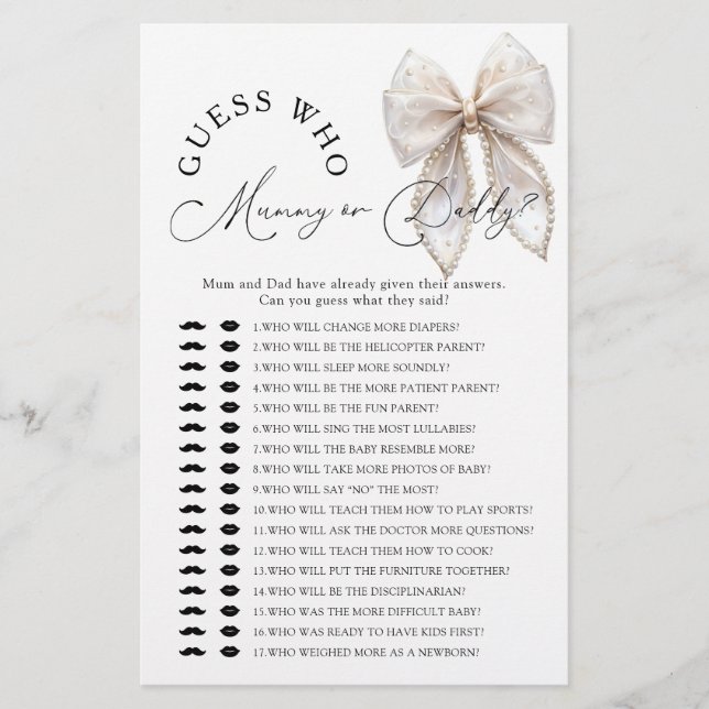 Bow Guess Who Mommy or Daddy Baby Shower Game (Devant)