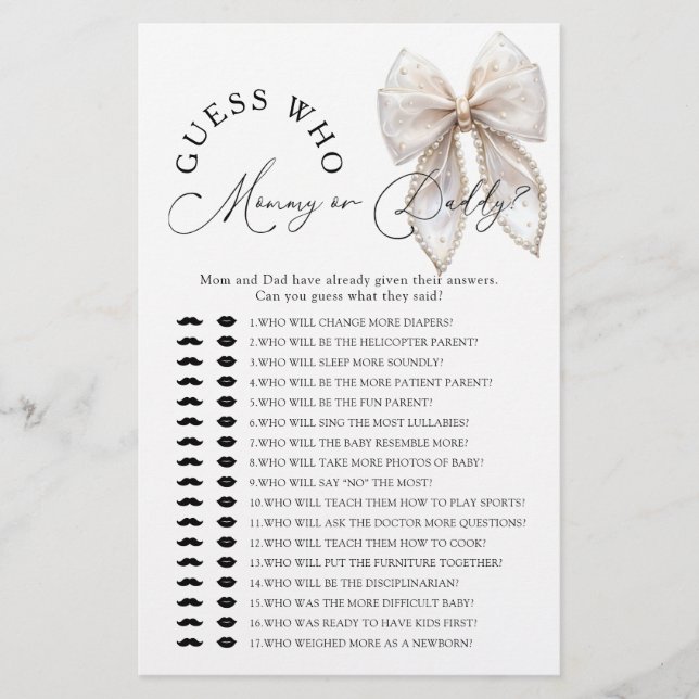 Bow Guess Who Mommy or Daddy Baby Shower Game (Devant)