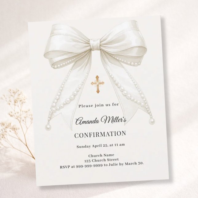 Bow ivory pearls girl Confirmation invitation (Créateur téléchargé)
