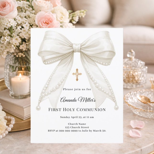 Bow ivory pearls girl First Communion invitation (Créateur téléchargé)