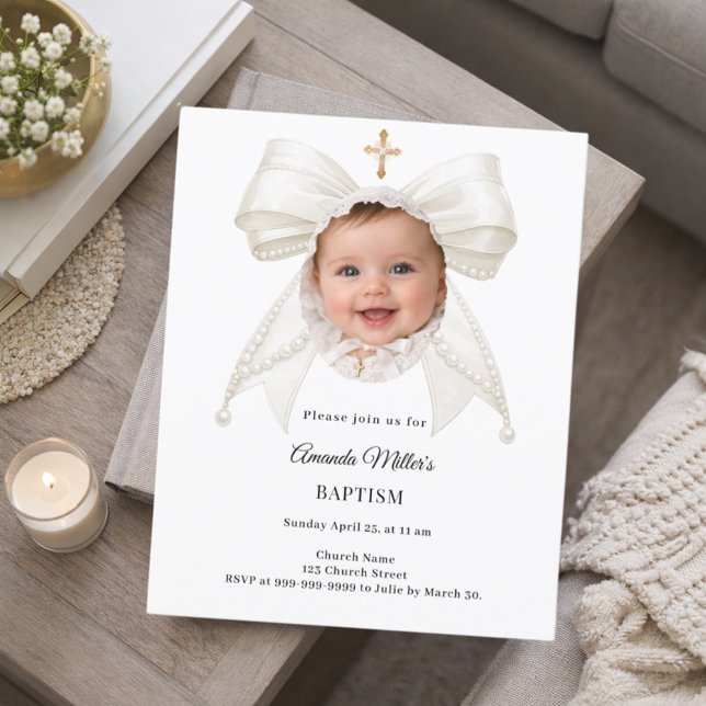 Bow Ivory Pearls Photo Girl Baptism invitation (Créateur téléchargé)