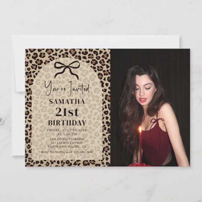 Bow Leopard Cheetah Birthday Photo Invitation (Devant)