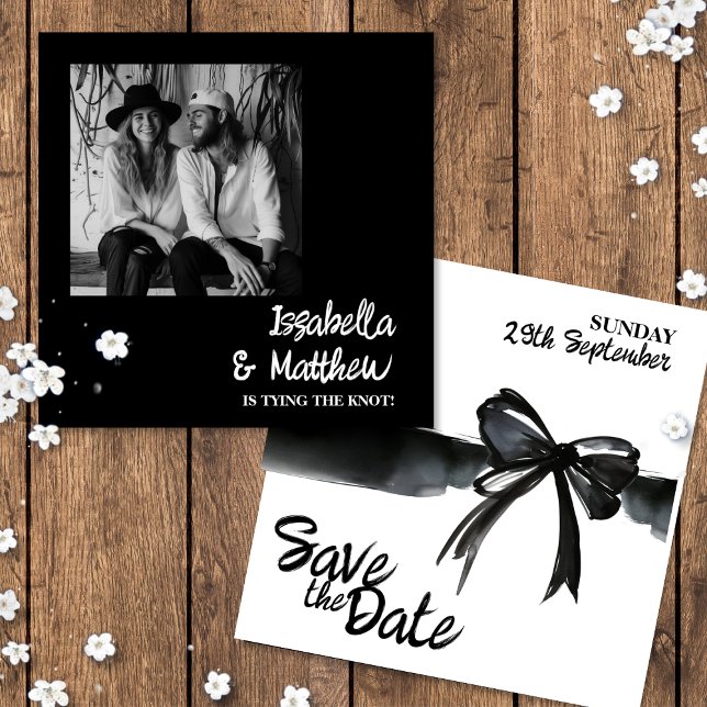 Bow noir tendance Enregistrer la carte Mariage dat (Trendy Black White watercolor Bow Save The Date Wedding Card with cuistom couple photo name simple )