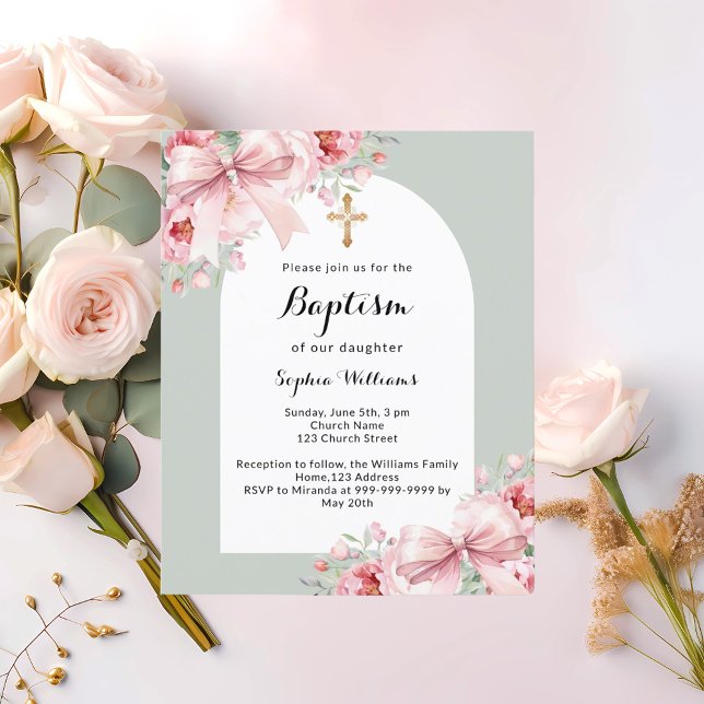 Bow rose arc floral sauge vert baptême invitation (Créateur téléchargé)