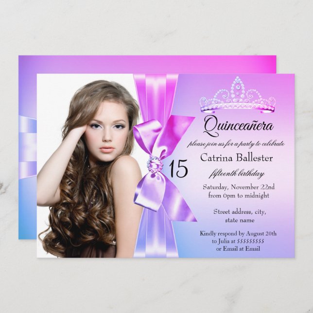 Bow Tiara Quinceanera Invitation rose violet (Devant / Derrière)